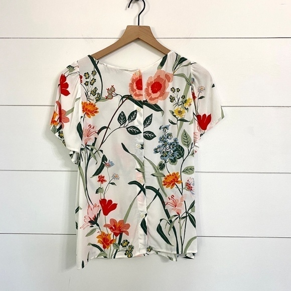 Loft Vibrant Floral Print Short Flouncy Sleeve Blouse Top, Women’s Size Medium - Picture 3 of 7
